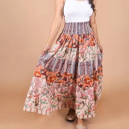Beautiful Designer Hand Block Printed Cotton Tier One Size Skirt For Female, Colorful Casual Umbrella Style Long Skirt for Women