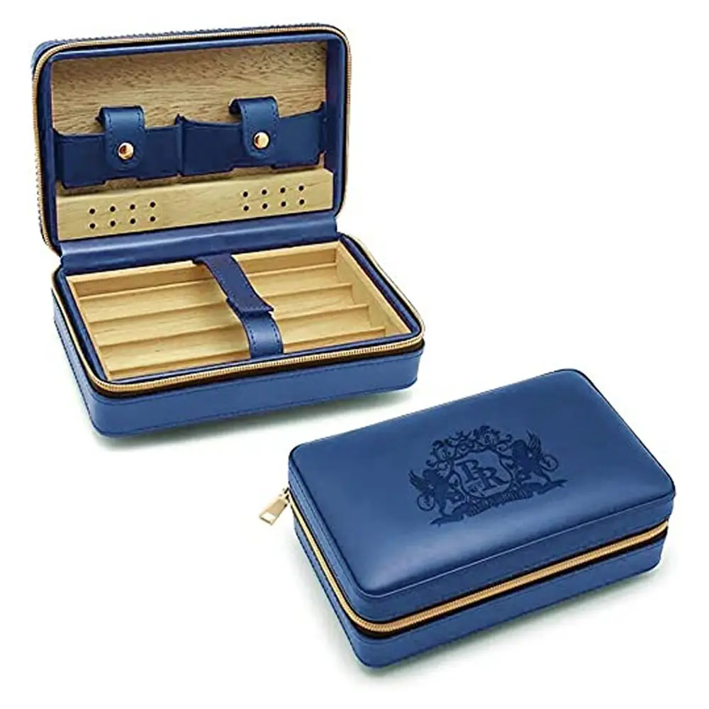 กล่องทำความชื้นพกพาสำหรับเดินทางสไตล์บาโรกรอยัลซิการ์กล่องซิการ์ซิการ์เยื่อบุไม้ซีดาร์สเปน (สีฟ้า)