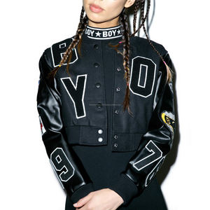 Chaqueta universitaria de lana de alta calidad HICVJ1 completamente negra para mujer, cuello levantado, temporada de invierno, bordado frontal, parches con logotipo, servicio OEM - Product Image 1