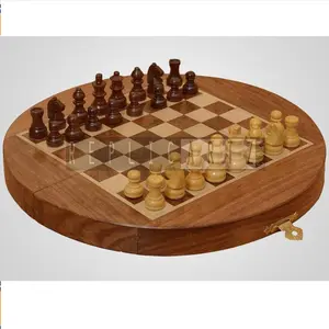 Jeu d'échecs pliable rond en bois, décoration de table, objet décoratif, échiquier de collection avec pièces pour enfants et adultes - Product Image 6