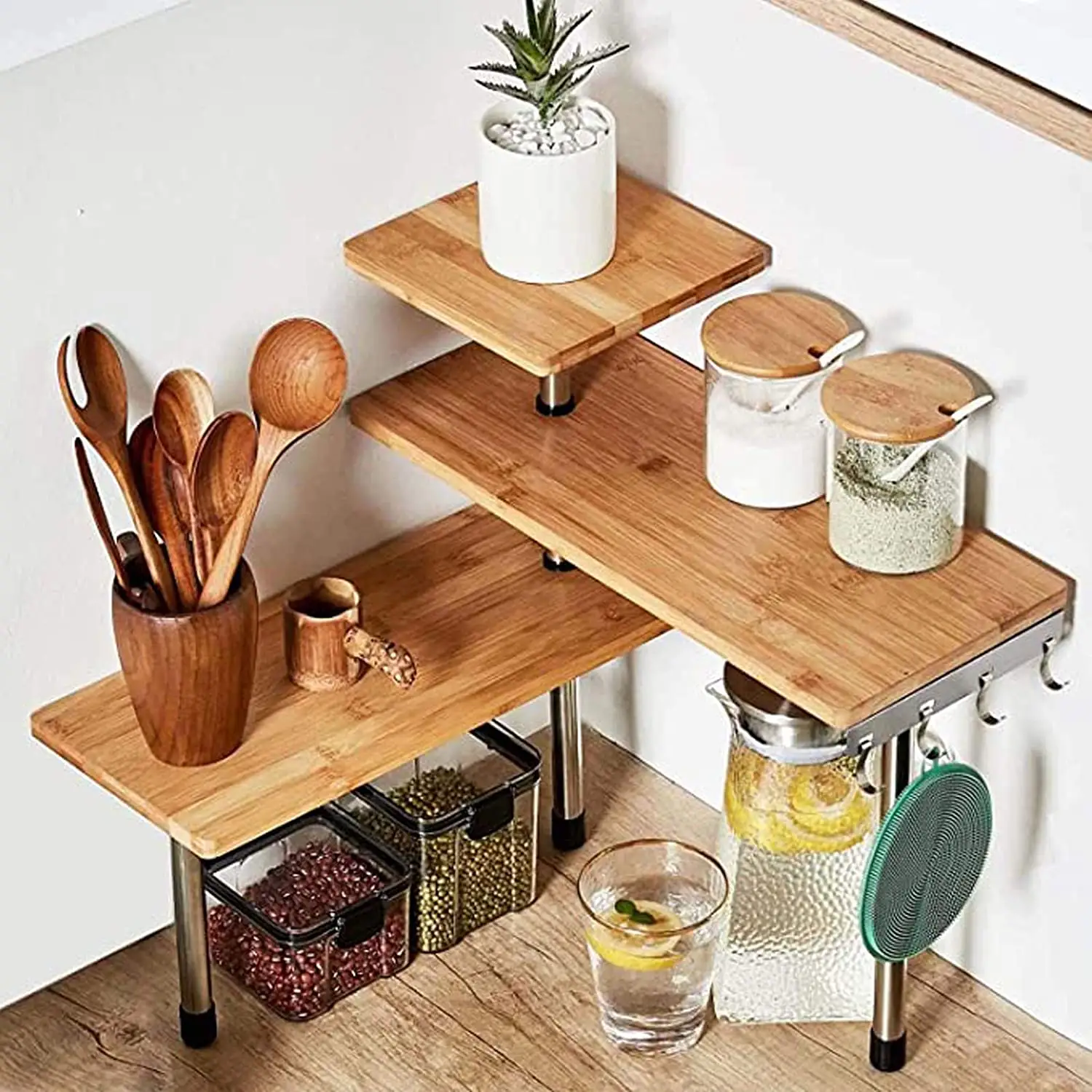 3 Tier Corner Shelf WOOD & Metal Storage Spice Rack-Desk Bookshelf Display Shelves Space Saving Organizer