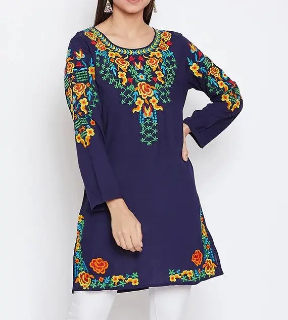latest new arrival floral embroidery work for womens beach wear tunic long sleeve indian kurtis tunic tops
