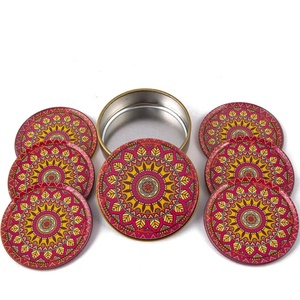 RED - YELLOW PATTERNED AND BOXED SIX METAL TEA COASTER - <b>MAT</b> FROM TURKEY - Product Image 1