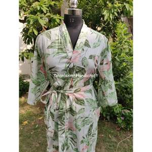 Ivory Floral Hand Block Print Hippie Bohemian Style Maxi Robe Gown <b>Kimono</b> Indian Summer Nighty Sleepwear for Women Wholesale - Product Image 4