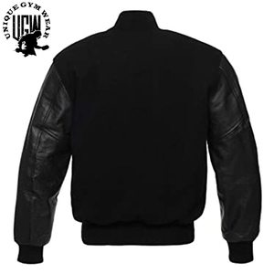 Chaqueta universitaria de lana de alta calidad para hombre, Mangas de cuero genuino con cuello levantado, parches bordados personalizables, diseño de letras recubiertas - Product Image 2