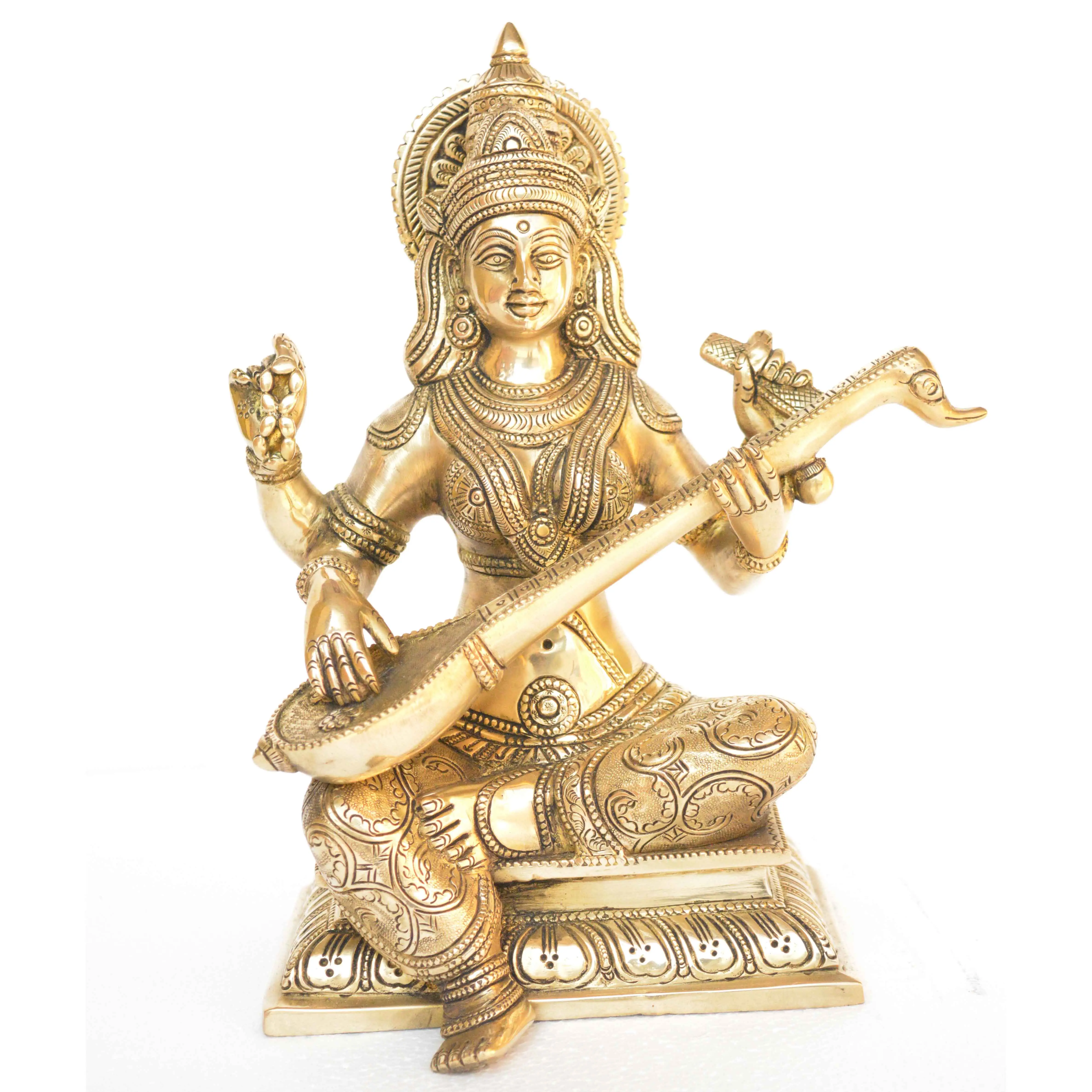 アンティーク仕上げの真ちゅう製の女神サラスワティ像真ちゅう製の金属製の手彫りの像芸術と知識の女神