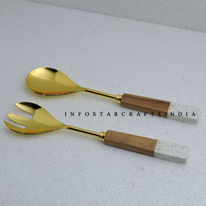 Pierre de marbre et acier inoxydable avec serveur de salade plaqué or Outils à main de salade faits à la main accessoires de cuisine - Product Image 4