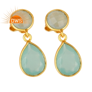 Boucle d'oreille en chalcédoine aqua, boucle d'oreille plaquée or de créateur, fabricant de bijoux en argent - Product Image 2
