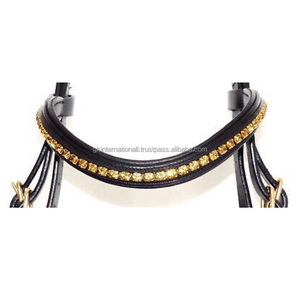 Productos Ecuestres de cuero negro con canal vacío, banda para cejas de caballo con incrustación de topacio dorado de lujo, 1 fila, banda de cuero acolchada ostentosa - Product Image 3