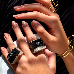 Rough Natural Brazilian Design Black Tourmaline On Matrix Carved Rings Jewelry Set