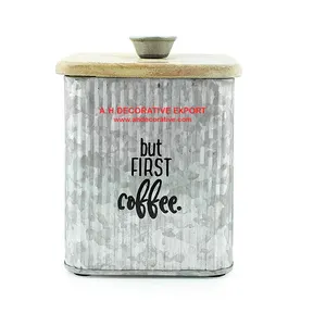 מטבח אחסון מתכת מיכל עם עץ מכסים ייחודי עיצוב מותאם אישית הדפסת קפה אחסון מיכל עציץ עם מכסה