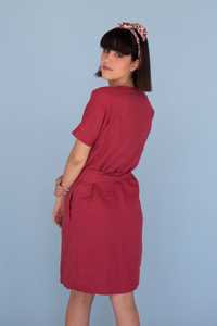 New arrival fashionable trending latest design rose madder color crepe fabric v-neck half sleeve knee-length women linen dress - Product Image 3