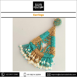 Top qualité 10 cm de Long triangulaire en forme de cloche vêtements pour femmes brodé à la main or Turquoise perles boucles d'oreilles goutte - Product Image 5