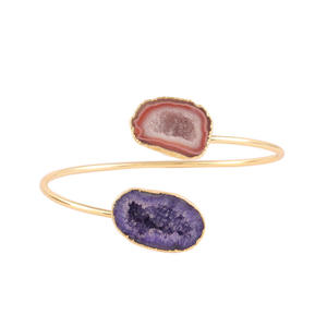 Two Stone Natural Geode Agate Druzy Flexible Open <b>Cuff</b> Bangle <b>Bracelet</b> Brass Gold Electroplated Edged Statement Jewelry <b>Bracelet</b> - Product Image 1