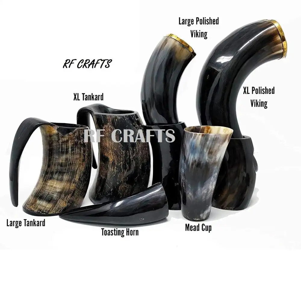 Drinking natural ox horn beer mug with wooden base