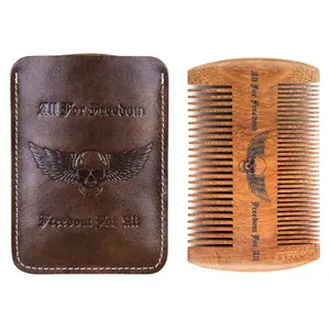 Comb Wood Beard Comb Kit With Real Leather Case Wooden Handmade Gifts For Men Skull Wings Design Gifts For Dad Mustache Comb