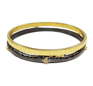 Stackable Sterling Silver 925 Gold Plated Oxidize Diamond Rough Lining Texture Wholesale Handmade Women Unique Bangles Bracelet