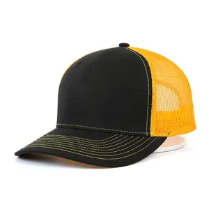 Gorra de camionero personalizada de perfil bajo, parche bordado de círculo negro, gorra de camionero de malla naranja neón, 6 paneles, venta al por mayor