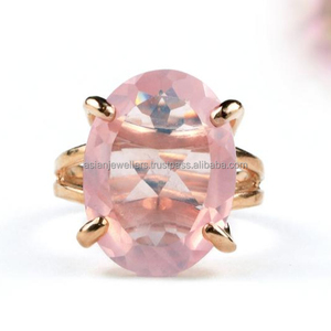 Rose Quartz อัญมณีแหวน925เงินสเตอร์ลิงที่สวยงาม Handmade ทองชุบแฟชั่นเครื่องประดับ - Product Image 1