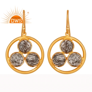 925เงิน18K Gold Plated วงกลม Dangle ต่างหูเครื่องประดับผู้ผลิตความงามสีดำ Rutile อัญมณีต่างหูเครื่องประดับ - Product Image 1