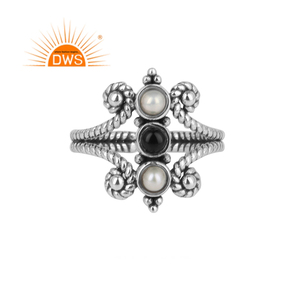 Bague en argent Sterling Style Boho Antique, bijoux à la main, texturés, en Onyx noir et perle, pierres précieuses, source de bijoux - Product Image 1