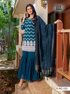 Traje Kurti Sharara Garara Estilo Punjabi con Dupatta, Vestido Indio con Bordado Intenso, Atuendo de Boda, Precio Razonable - Product Image 4