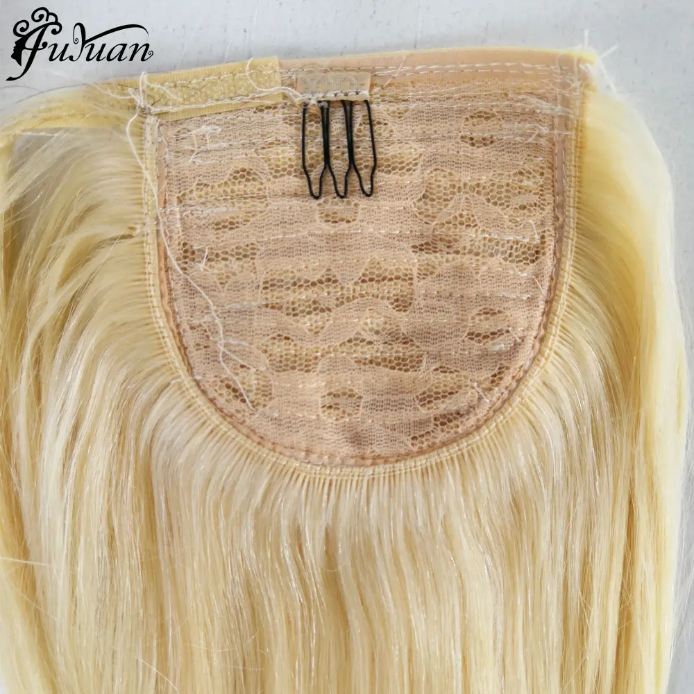 Natural 100% Human Raw Remy Vrigin Braided Drawstring Wrap Around Blonde Straight Ponytails Clip In Hair Extension Double Drawn