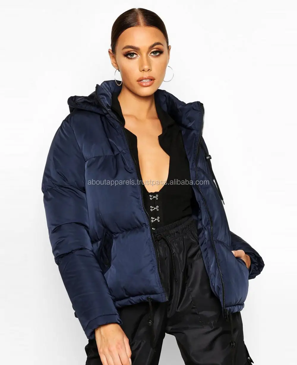 バルク卸売安い女性カスタムダウン防水キルティングパッド入りパック可能な女性冬、ネイビーブルー女性フード付きパッド入りジャケット