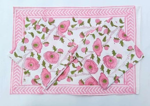 Floral Print Handmade Waterproof Pure Cotton Block Printed Table Cover Mat <b>Set</b> with Napkin for Outdoor Use - Product Image 2