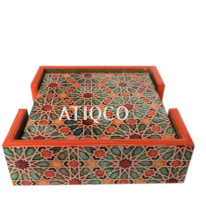 Modern Attractive <b>Smart</b> Hot Selling Wooden Coaster Set Box Beautiful Digital Printed Enameled Handicrafts From India - Product Image 1