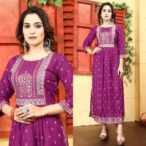 Designer Green Color Rayon Foil Print with Embroidery <b>Mirror</b> Work Nayra Cut Kurti Wholesale Price Full Stitched - Product Image 3