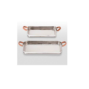 Bandeja moderna de acero inoxidable con asa de cuero PU para servir alimentos - Product Image 1