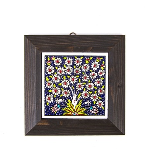 Azulejo de decoración de pared diseñado con Árbol de la vida de 10x10 cm enmarcado de cerámica pintado a mano turco de Turquía - Product Image 1