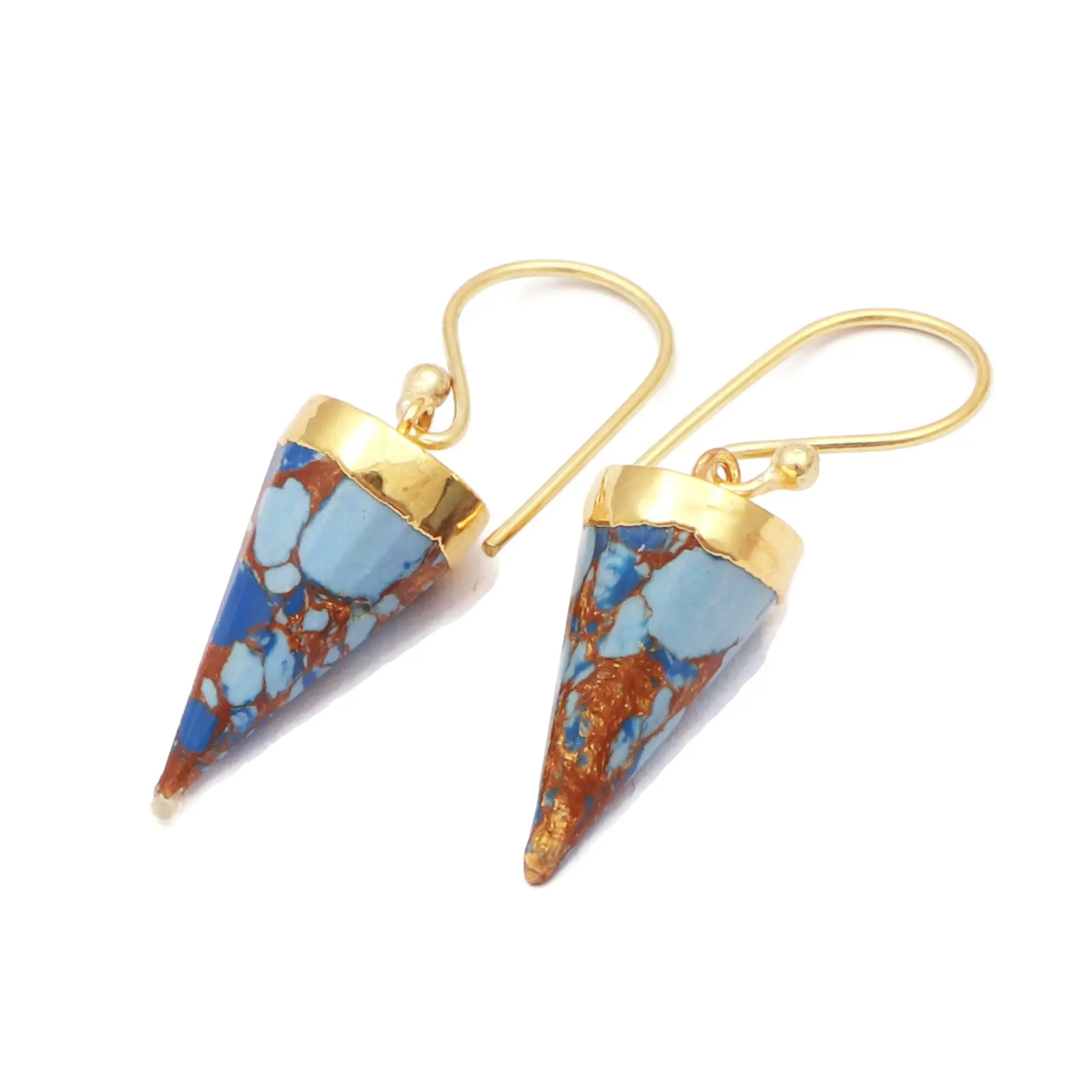 Pensil Bentuk Titik Tembaga Sintetis Turquoise Gemstone Earring Buatan Tangan Gaya Kait Menjuntai Anting Perhiasan Dilapisi Emas