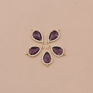 Componentes para Engaste de Piedras, Amatista Púrpura, Circonita Cúbica, Forma de Pera, Latón Chapado en Oro, 11x15mm, Conectores, Componentes de Doble Argolla, Pares - Product Image 1