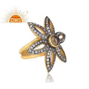 CZ Smoky <b>Quartz</b> Gemstone Gold Plated 925 Silver Floral Statement <b>Ring</b> Jewelry - Product Image 3