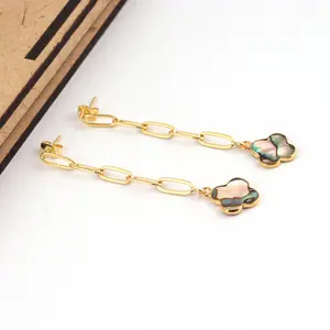 High polished clover shaped abalone shell drop earring gold/silver plated unique design 4x11 oval box chain drop dangle earrings