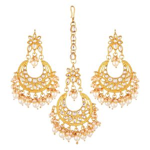 Ensemble de boucles d'oreilles traditionnelles indiennes plaquées or Kundan Maang Tikka bijoux de mariée pour femmes colliers chaînes bijoux indiens en gros - Product Image 1