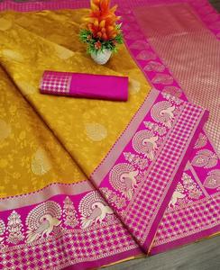 Tejido pesado Banarasi Seda Sari Estilo indio Kanchipuram Ropa de fiesta para damas - Product Image 1