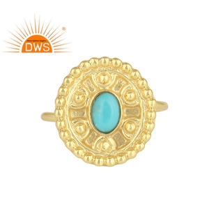 Wholesale Yellow Gold Plated 925 Sterling Silver Bezel Setting <b>Turquoise</b> <b>Ring</b> Wedding Party-Trendy Unisex Ethnic Designer - Product Image 1