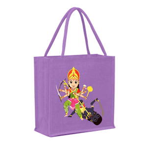 Bonita Bolsa De yute para comestibles impresa con asa tejida Durga Puja temporada hecha a mano en Bengala Occidental India - Product Image 5