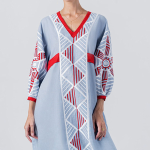 เดรสแม็กซี่แขน3/4แต่งพู่ผ้าลินินสำหรับผู้หญิงเสื้อผ้าโบฮีเมียนปักลายสไตล์ยูเครน2025น่าดึงดูดใจ - Product Image 1