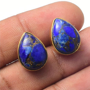 Boucles d'oreilles en argent sterling fait à la main cuivre Lapis Lazuli pierres précieuses ensemble de lunette bleue plaqué or pour les mariages Style tendance - Product Image 4