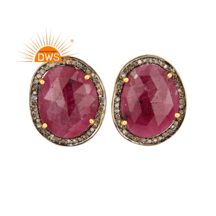 Nieuwste 2022 Sterling Zilveren Natuurlijke Diamant & Ruby Gemstone Stud Earring Voor Vrouwen Diamanten Sieraden Fabrikant