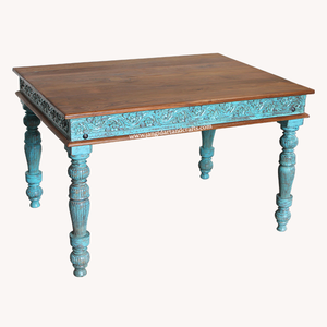 Mesa de Comedor de Madera de Teca de Lujo de Alta Calidad, Estilo Indio Antiguo, Sin Terminar, con Acabado Desgastado, Tallada en Madera, Fácil de Empacar - Product Image 5