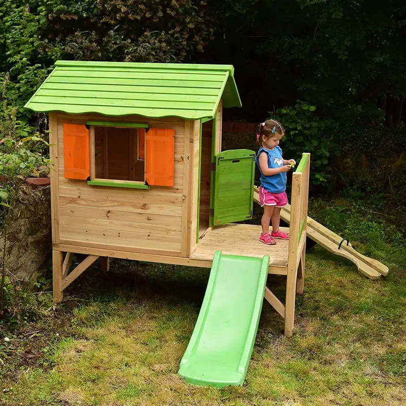 Outdoor Hinterhof Holz garten Holz Spielhaus Kinderspiel haus Rutsche mit Plastik rutsche