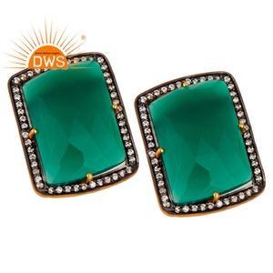 18k Gold Plated Women's Earrings Wholesaler of 925 Silver Jewelry Fancy Shape Green Onyx Prong <b>Set</b> Stud Earrings - Product Image 2