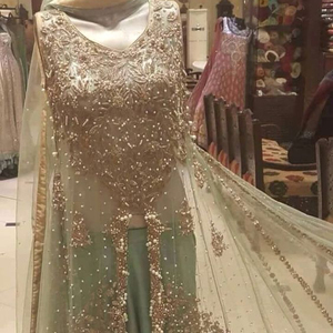 Stylish Long Top <b>Flared</b> Indian/Pakistani Wedding Dress 2022 Embellished Dabka Zari Work <b>Sequins</b> Lace Decoration Natural - Product Image 1