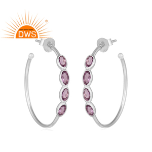 Magnifiques boucles d'oreilles en améthyste, boucles d'oreilles créoles rondes en argent fin 925, fournisseurs de bijoux, collection classique - Product Image 1