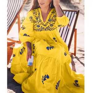 Di lusso Floreale Maxi Vestito Da Boho Della Signora Resort Abito Da Sera Giallo Vestito Della Boemia di Stile Messicano